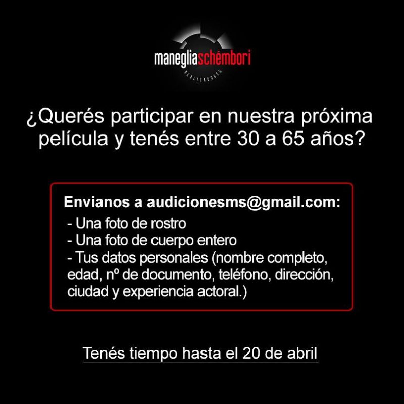 Buscamos personas entre 30 a 65 años que quieran participar en nuestra próxima película